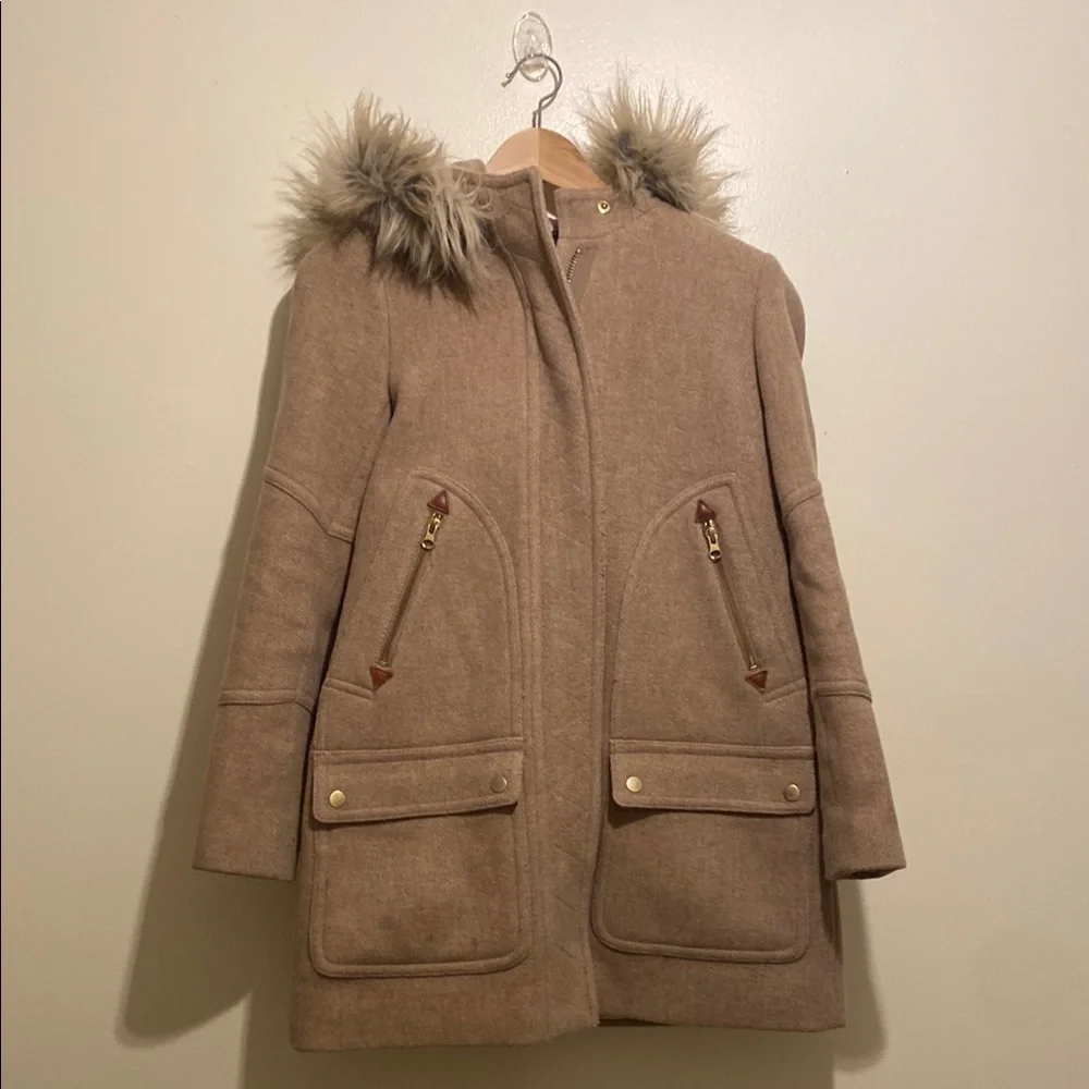 J. Crew Chateau Stadium Cloth Woo Blend Tan Coat with Faux Fur Hood. Size 0